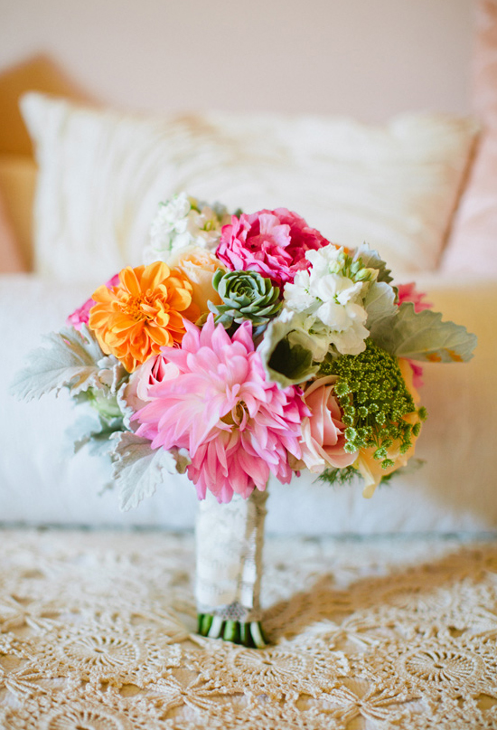 vibrant orange, green and pink bouquet