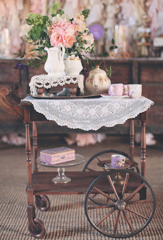 doily-covered tea cart