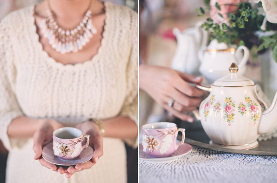 gold adorned tea cups and porcelain floral tea pot