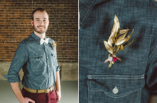 chambray button down and gold leaf boutonniere 