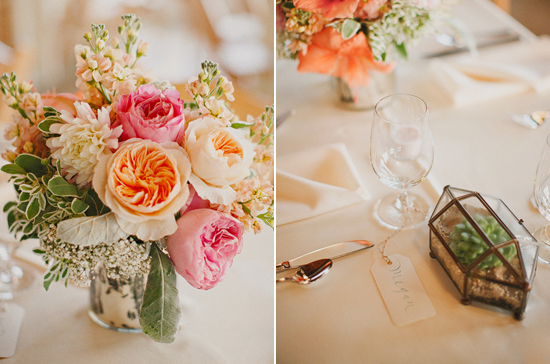 peach, pink and cream florals and hang tag place cards