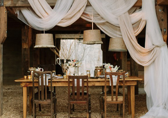 harvest table and draped fabric reception | Photo by Haley Sheffield