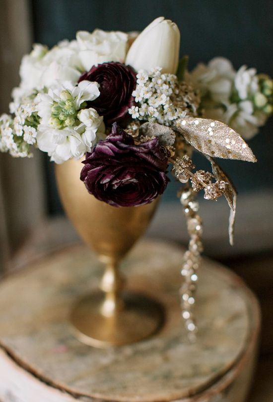 deep purple, white and gold flower arrangement | Photo by Haley Sheffield