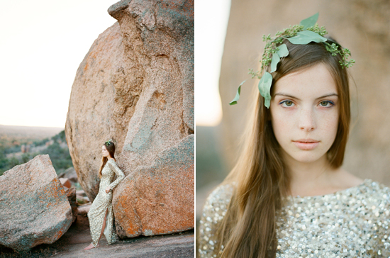 green leaf crown and Aidan Mattox gold sequin gown
