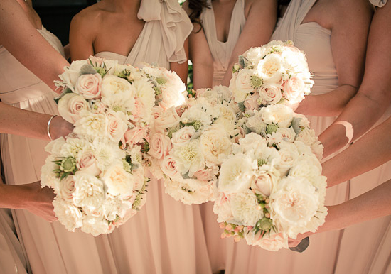 white, peach and mint green bouquets