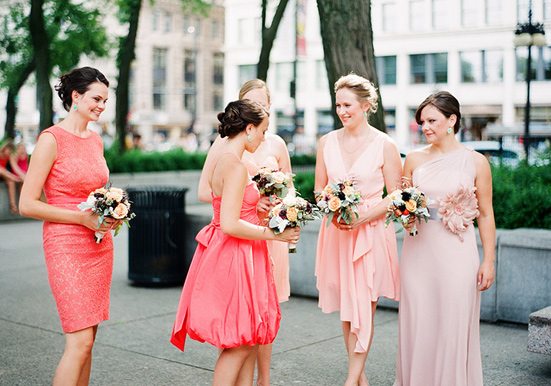 Pink and coral bridesmaid dresses