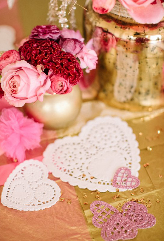 paper doily hearts and pink and red flowers