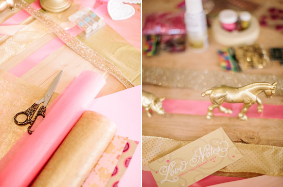 pink and gold paper, ribbon and glitter