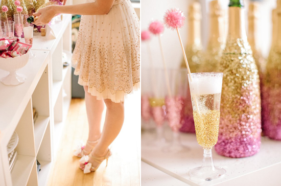 glitter bottle champagne and pink pouf drink stirrers