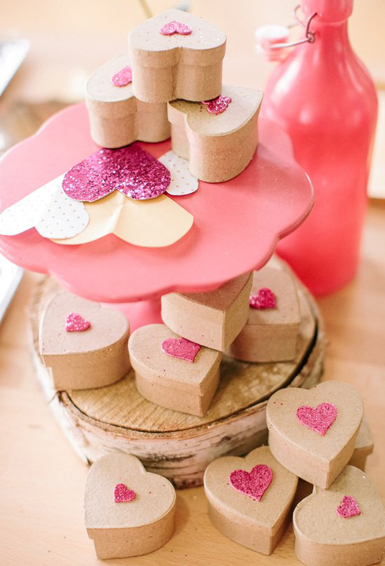 heart-shaped, cardboard boxes with glitter embellishment