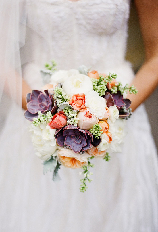 anunculus, succulent, peonies, roses, and dusty miller bouquet