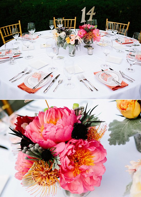 vibrant pink florals and coral napkins