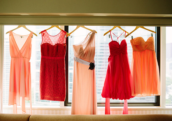 hues of peach and coral bridesmaid dresses