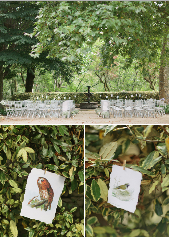 outdoor terrace wedding ceremony and illustrated bird decor