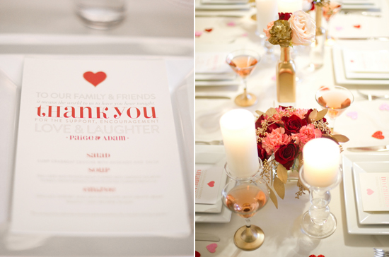 printed menu cards, pink and red roses and gold accents