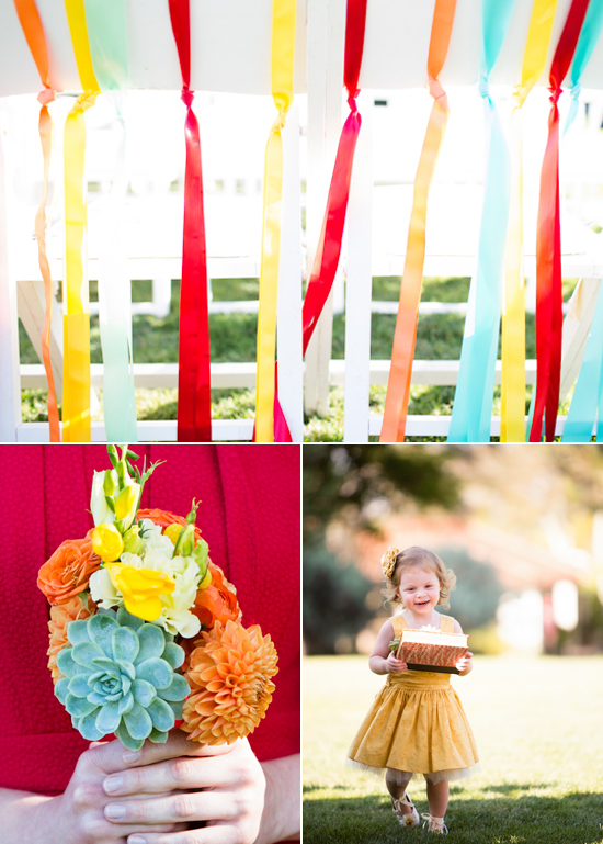 colorful wedding ceremony details, orange and yellow bridesmaid bouquet and yellow flower girl dress