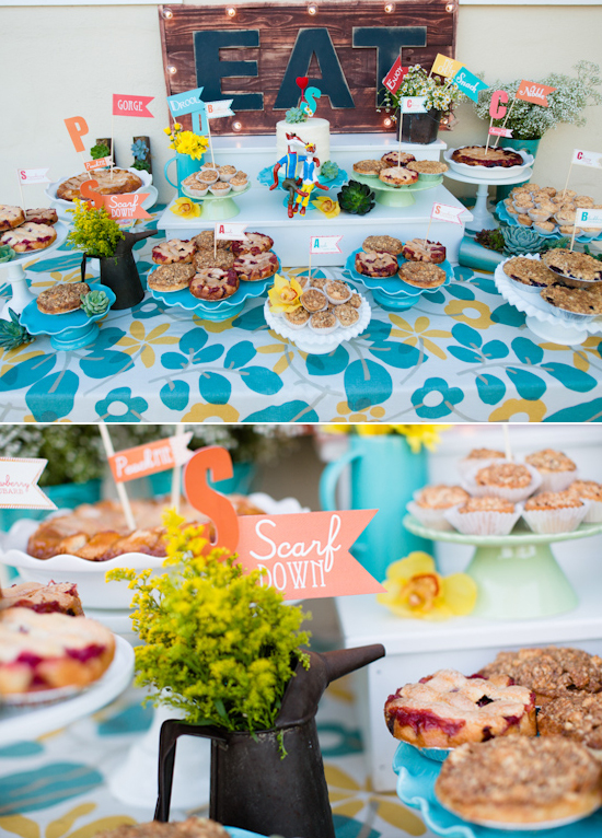 floral dessert table linens and individual pies