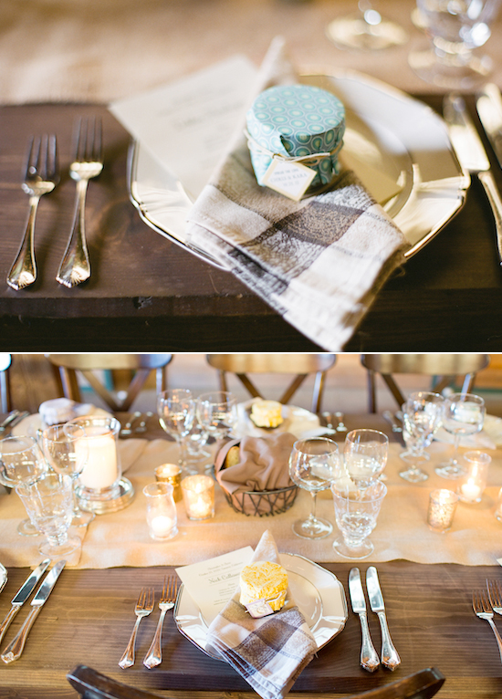 wrapped guest gifts and yellow table accents