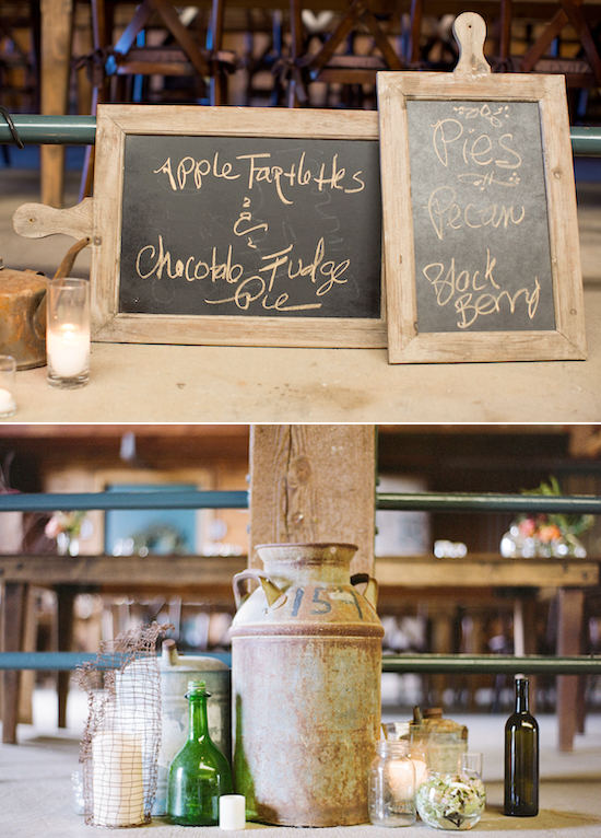 chalkboard dessert table signs and rustic jugs