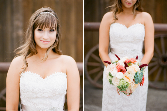 Justin Alexander lace dress and vibrant bouquet