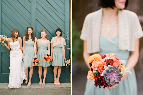 mint green bridesmaid dresses and vibrant bouquets