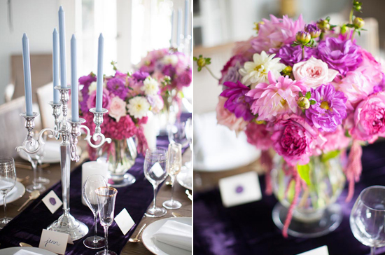 silver candelabra and shades of purple and pink flowers