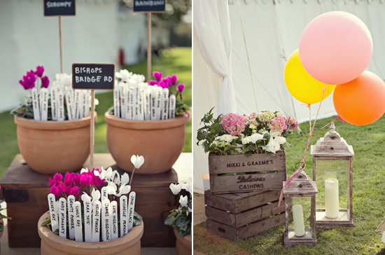 potted plant escort cards and stacked crate planters | Photo by Marianne Taylor