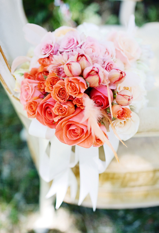 vibrant tangerine, pink and peach rose bouquet  | Photo by Anne Nunn Photography