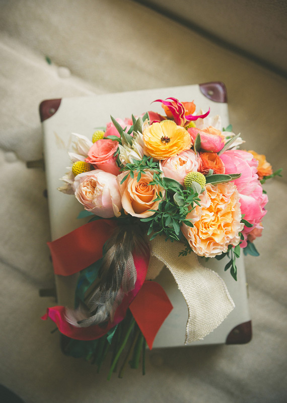 Coral Peonies, Garden Rose, Ranunculus and Billy Buttons bouquet | photos by Jason Hales | 100 Layer Cake