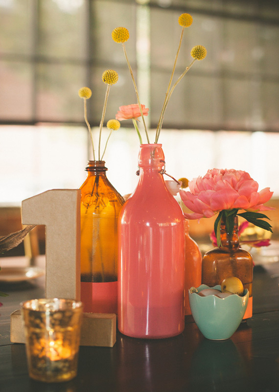 Painted bottle centerpiece | photos by Jason Hales | 100 Layer Cake