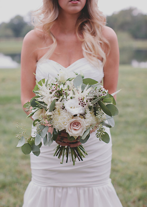 rose, Veronica, astilbe, wax flower, seeded eucalyptus, football mums bridal bouquet | photos by Nicole Roberts | 100 Layer Cake 