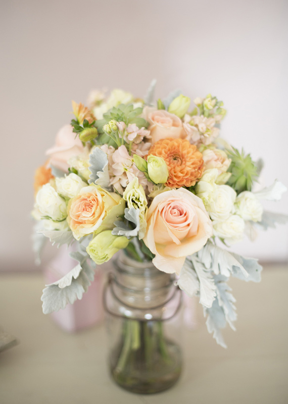peach dahlia and cream spray roses bridal bouquet | photos by Mustard Seed Organic Photography | 100 Layer Cake