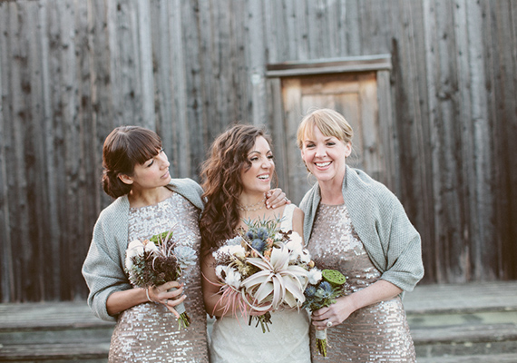 Gold sparkle bridesmaid dresses  | Photo by Kate Harrison | 100 Layer Cake