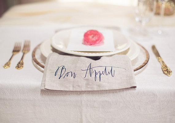 Calligraphed dinner napkins | photo by This Love of Yours | 100 Layer Cake