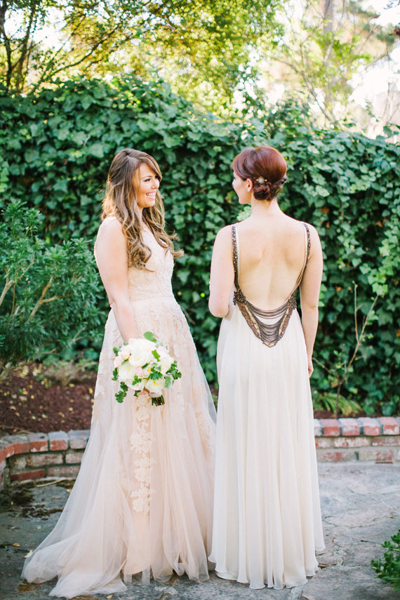 Reem Acra wedding dress | ABS by Allan Schwartz bridesmaid dress | Photo by Birds Of a Feather | Read more - http://www.100layercake.com/blog/?p=68105