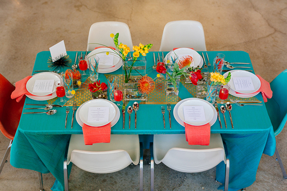 Modern aqua and orange wedding ideas | Photo by Mary Wyar | Concept design by Modernly Events Florals | Read more - http://www.100layercake.com/blog/?p=74300