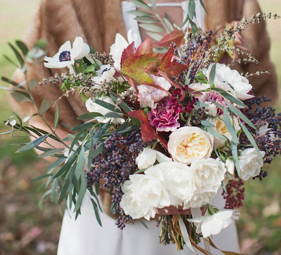 Woodland wedding bouquet with hints of fall foliage | 100 Layer Cake