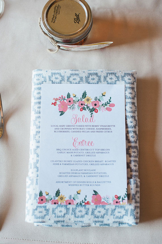 Floral menu| Photos by Brandi Welles | Read more -  http://www.100layercake.com/blog/wp-content/uploads/2015/04/Colorful-Rustic-Barn-Wedding