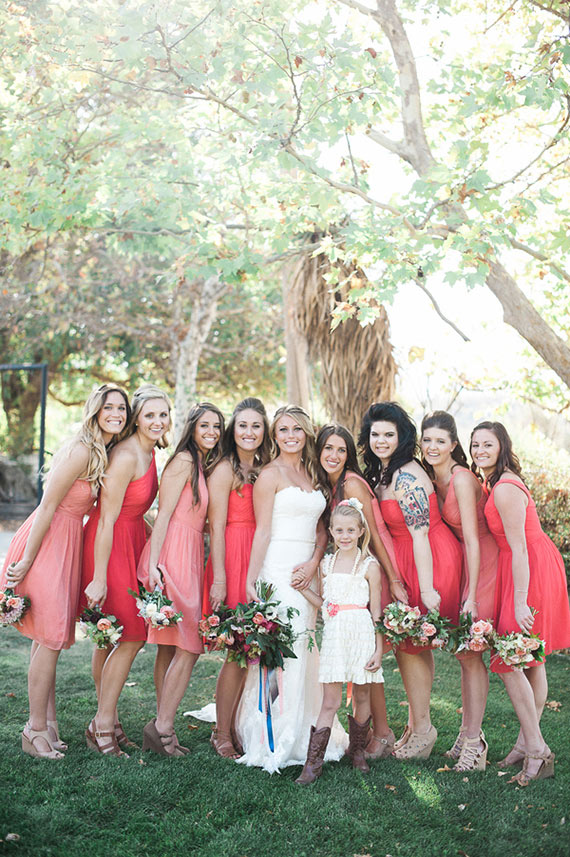 Coral bridesmaid dresses | Photos by Brandi Welles | Read more -  http://www.100layercake.com/blog/wp-content/uploads/2015/04/Colorful-Rustic-Barn-Wedding