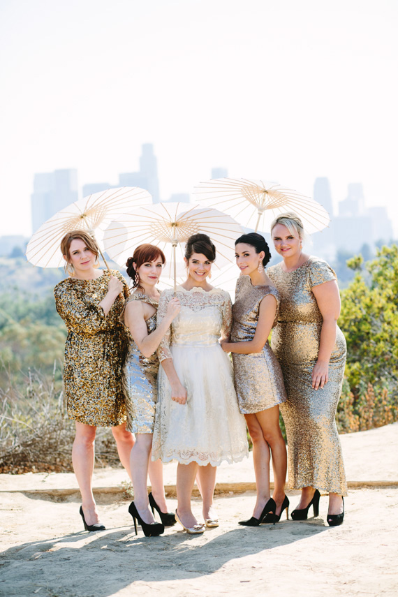 Gold sequin bridesmaid dresses | Photo by Mary Costa Photography | Read more -  http://www.100layercake.com/blog/wp-content/uploads/2015/04/DIY-Elysian-Los-Angeles-Wedding