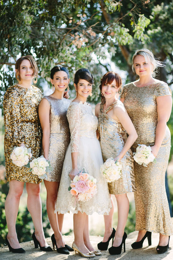 Gold sequin bridesmaid dresses | Photo by Mary Costa Photography | Read more -  http://www.100layercake.com/blog/wp-content/uploads/2015/04/DIY-Elysian-Los-Angeles-Wedding