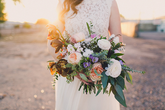 sunset bride and bouquet