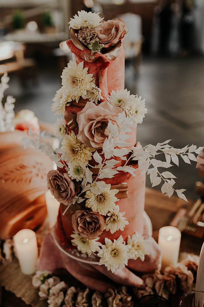 Coral floral wedding cake