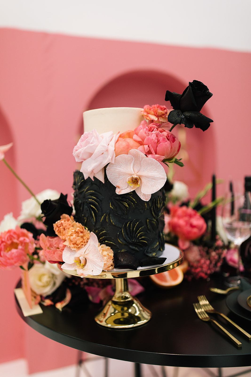 floral black wedding cake