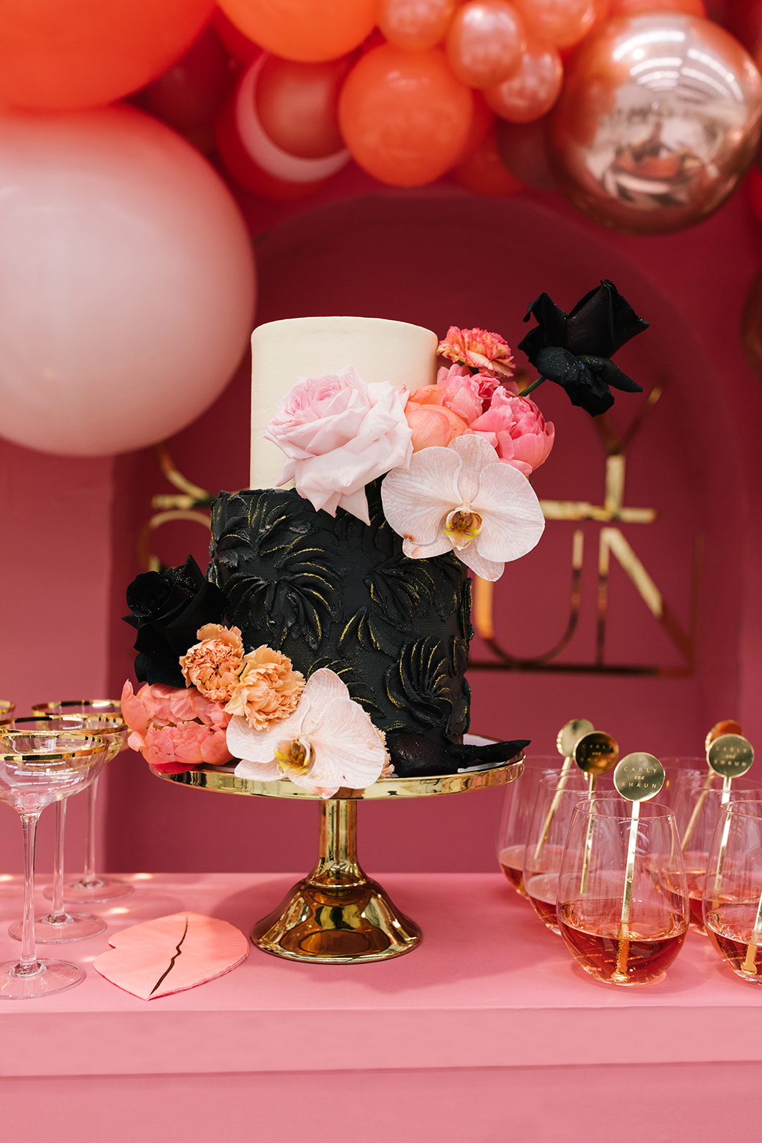 black and blush wedding cake