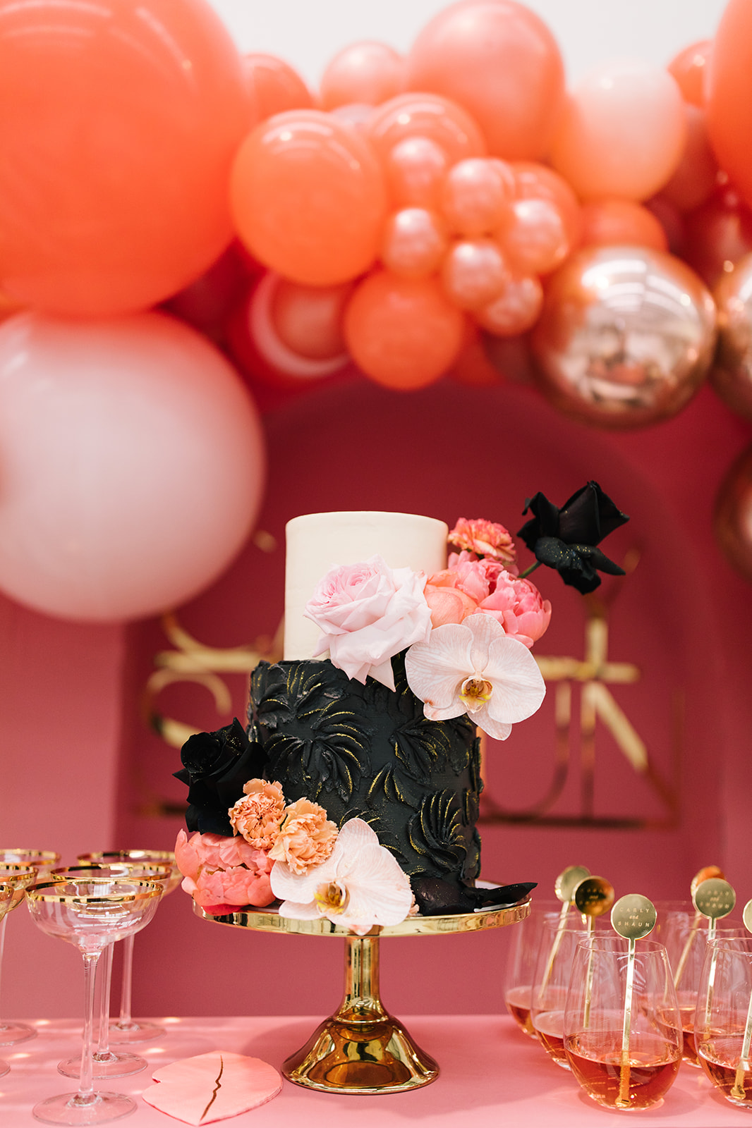 pink + black wedding cake