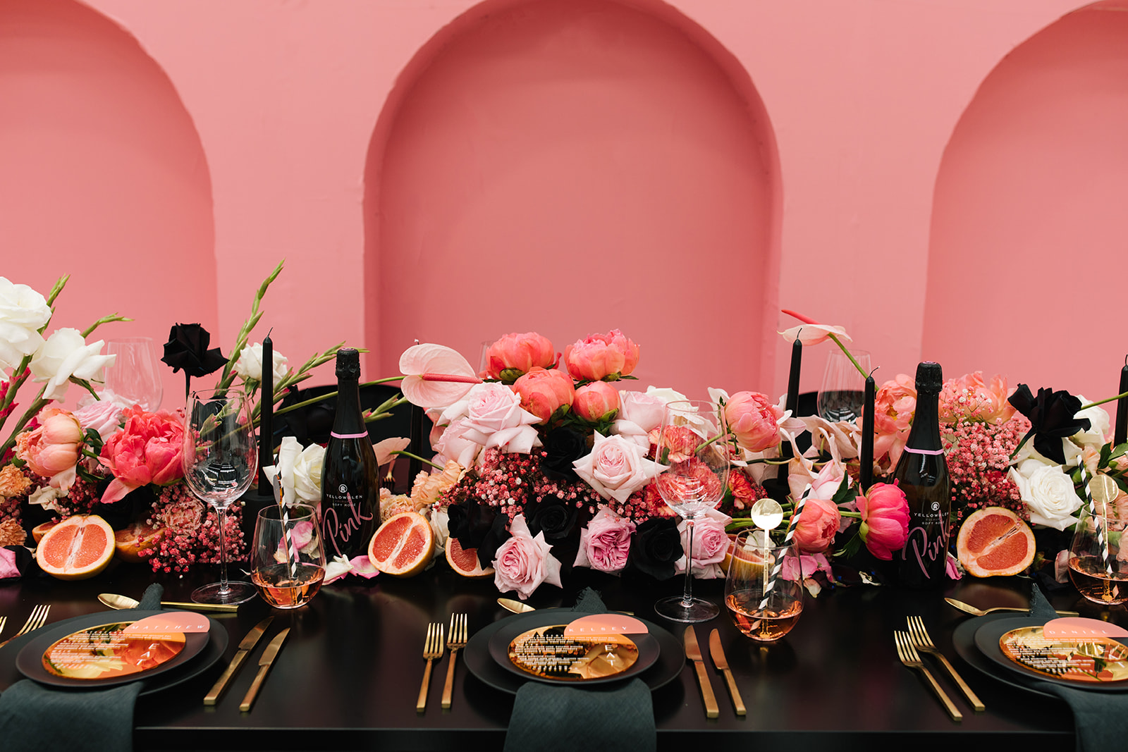 pink and black wedding tablescape
