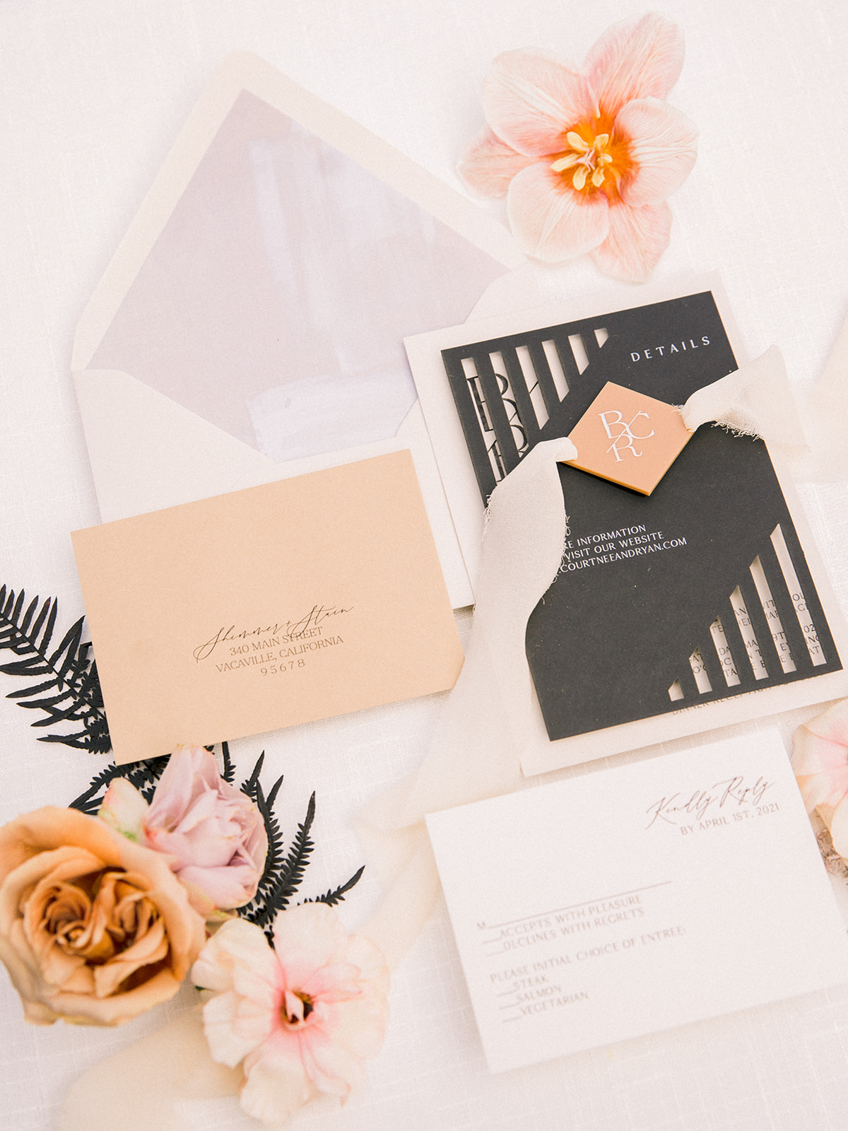 Modern romantic wedding invitations with black and cream