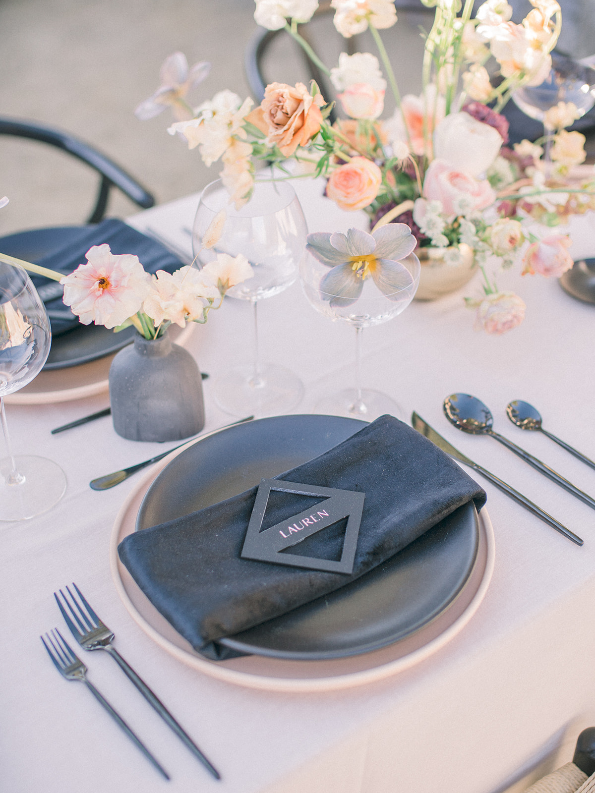 black place settings at romantic Tahoe Blue Estate wedding