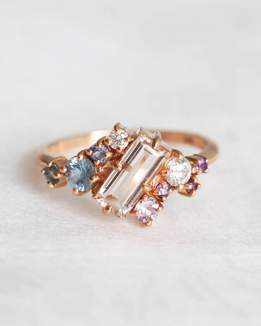 Morganite Ring, Gold Cluster Ring, Modern Engagement Ring